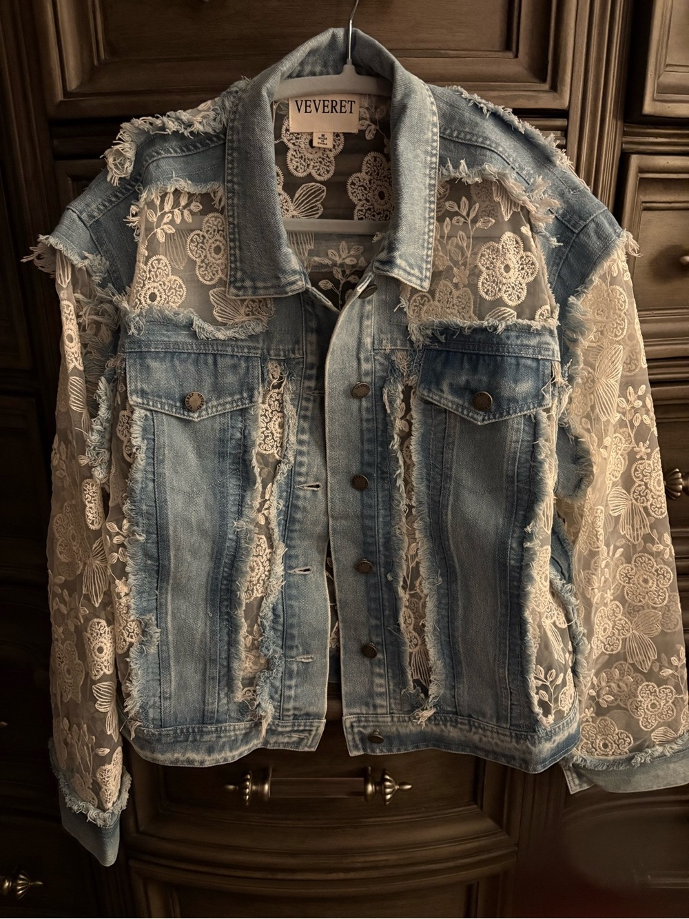 Light Blue Denim Jacket with White Lace Panels